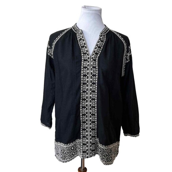 Madewell Womens Black White 100% Cotton V-Neck Embroidered Boho Top Size Small - Picture 1 of 7